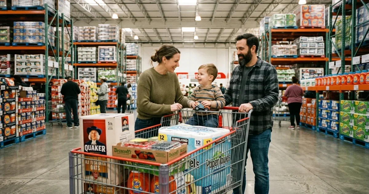 A family shopping with a full bulk-sized shopping cart in a bright, modern warehouse club aisle with high steel shelves.