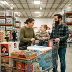 A family shopping with a full bulk-sized shopping cart in a bright, modern warehouse club aisle with high steel shelves.