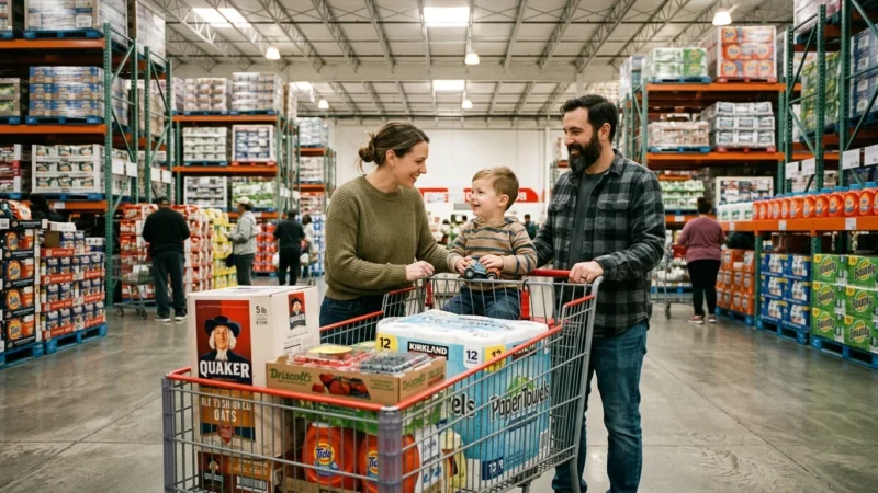 A family shopping with a full bulk-sized shopping cart in a bright, modern warehouse club aisle with high steel shelves.
