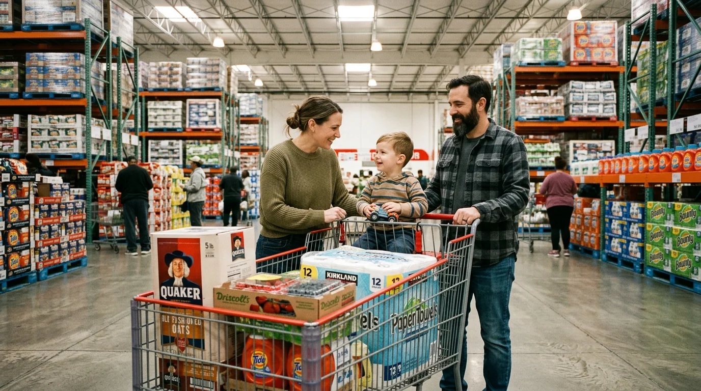 A family shopping with a full bulk-sized shopping cart in a bright, modern warehouse club aisle with high steel shelves.