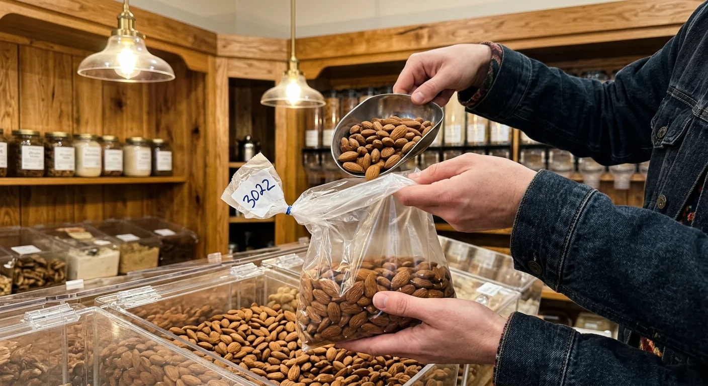 A first-person perspective photograph of hands scooping almonds from a bulk bin into a plastic bag with a written PLU code.