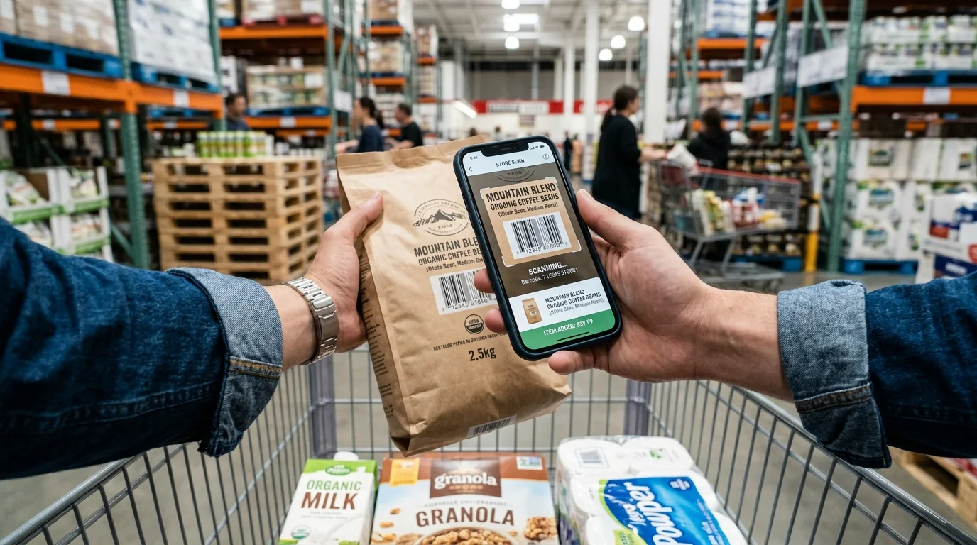 A first-person view of a shopper using a smartphone app to scan a barcode on a bulk item inside a warehouse shopping cart.