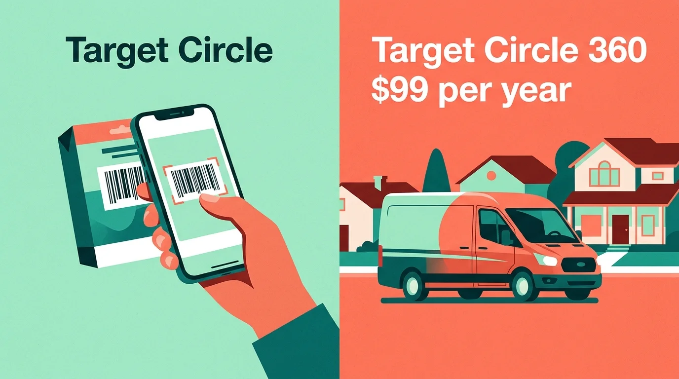 A flat-style screenprint illustration comparing the free Target Circle tier with the paid Target Circle 360 subscription.