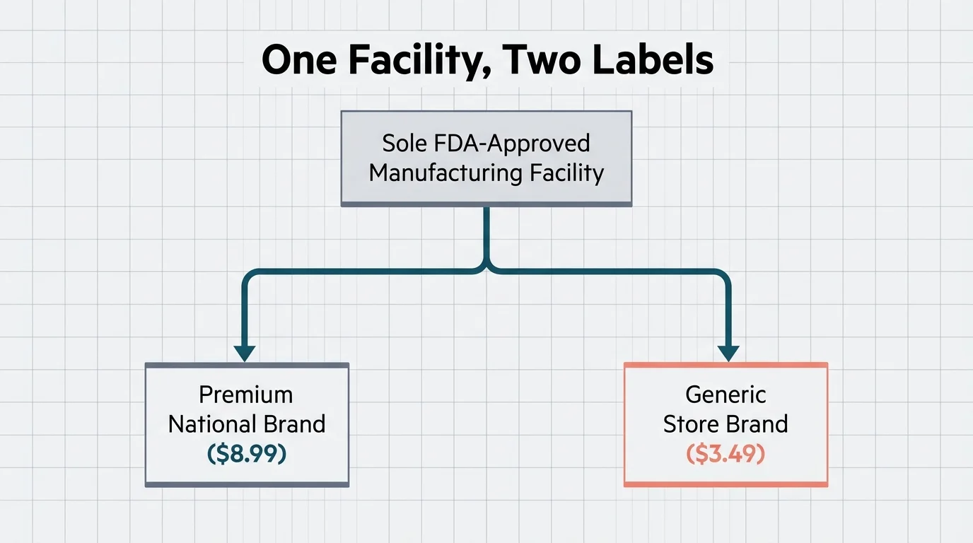 A flowchart showing how one FDA-approved manufacturing facility produces identical products labeled for both premium and generic brands.