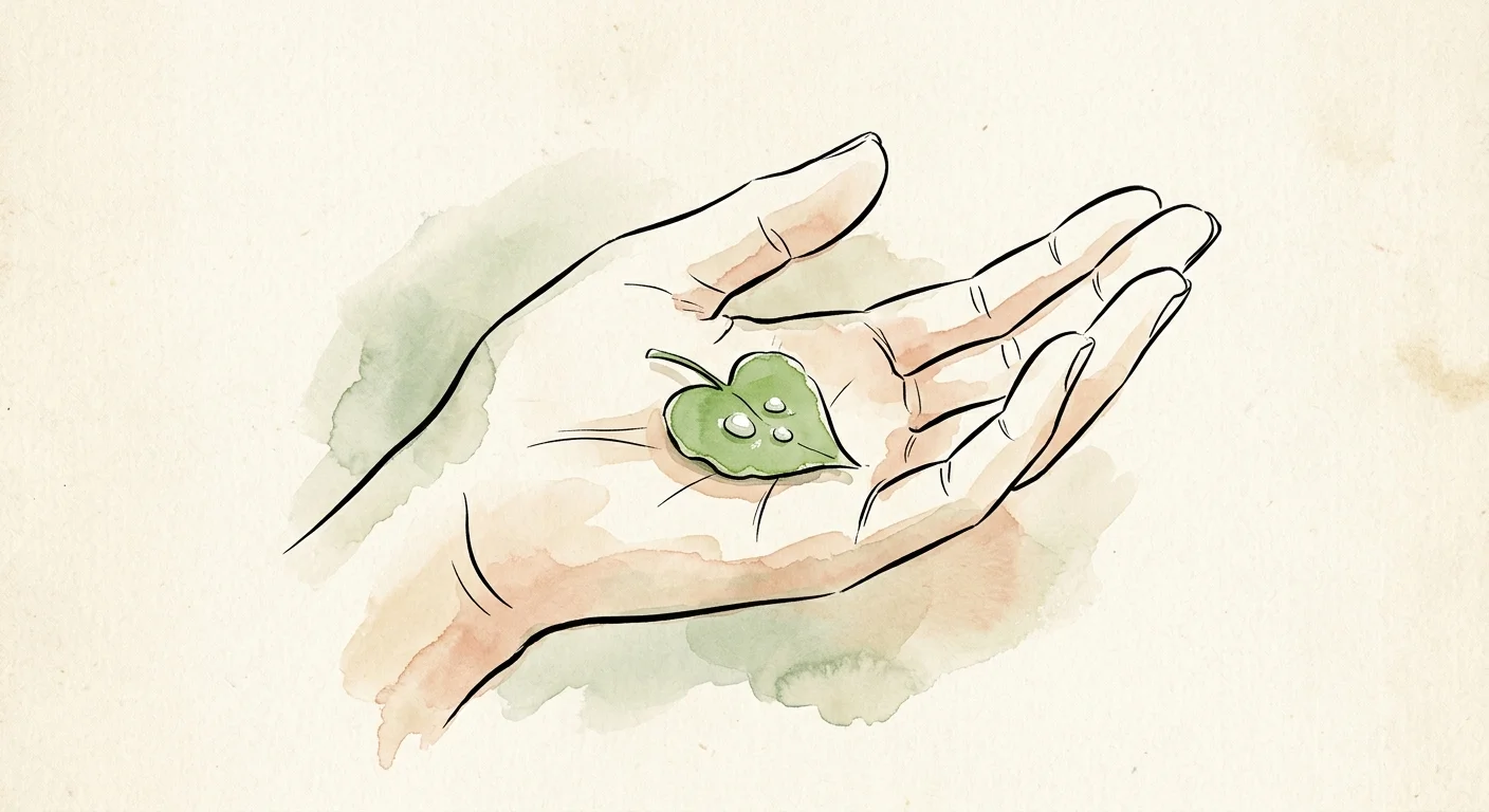 A gentle ink and watercolor illustration of a hand cradling a green heart-shaped leaf, symbolizing patient assistance.