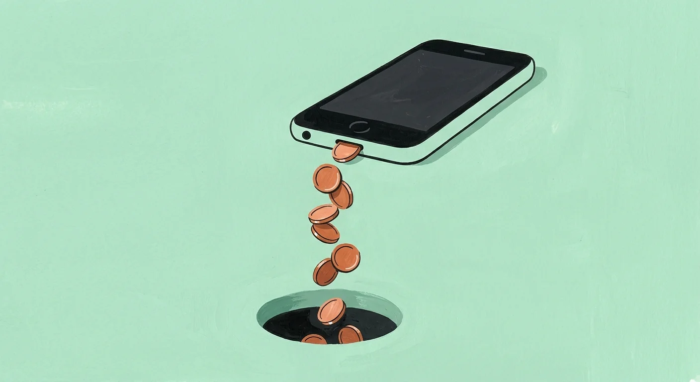 A gouache illustration of a smartphone slowly dripping copper coins into a dark drain on a mint green background.