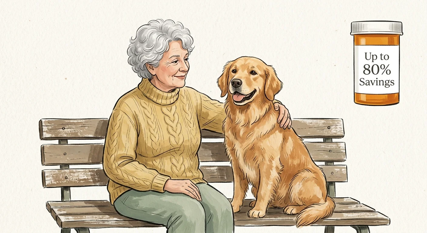 A gouache illustration of an older woman and her dog on a bench, next to an amber prescription bottle showing 'Up to 80% Savings'.
