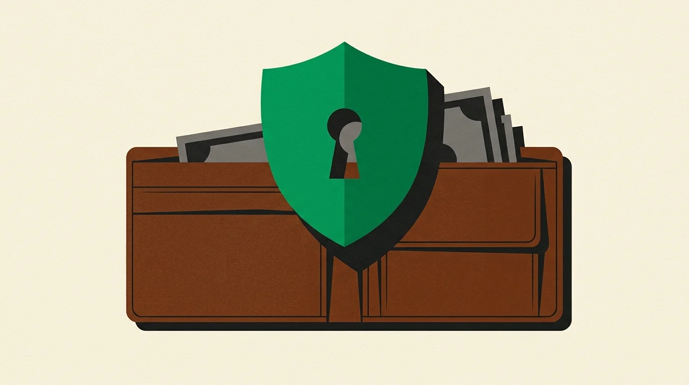 A graphic illustration of an open wallet with a protective green shield rising out of it, representing financial security.
