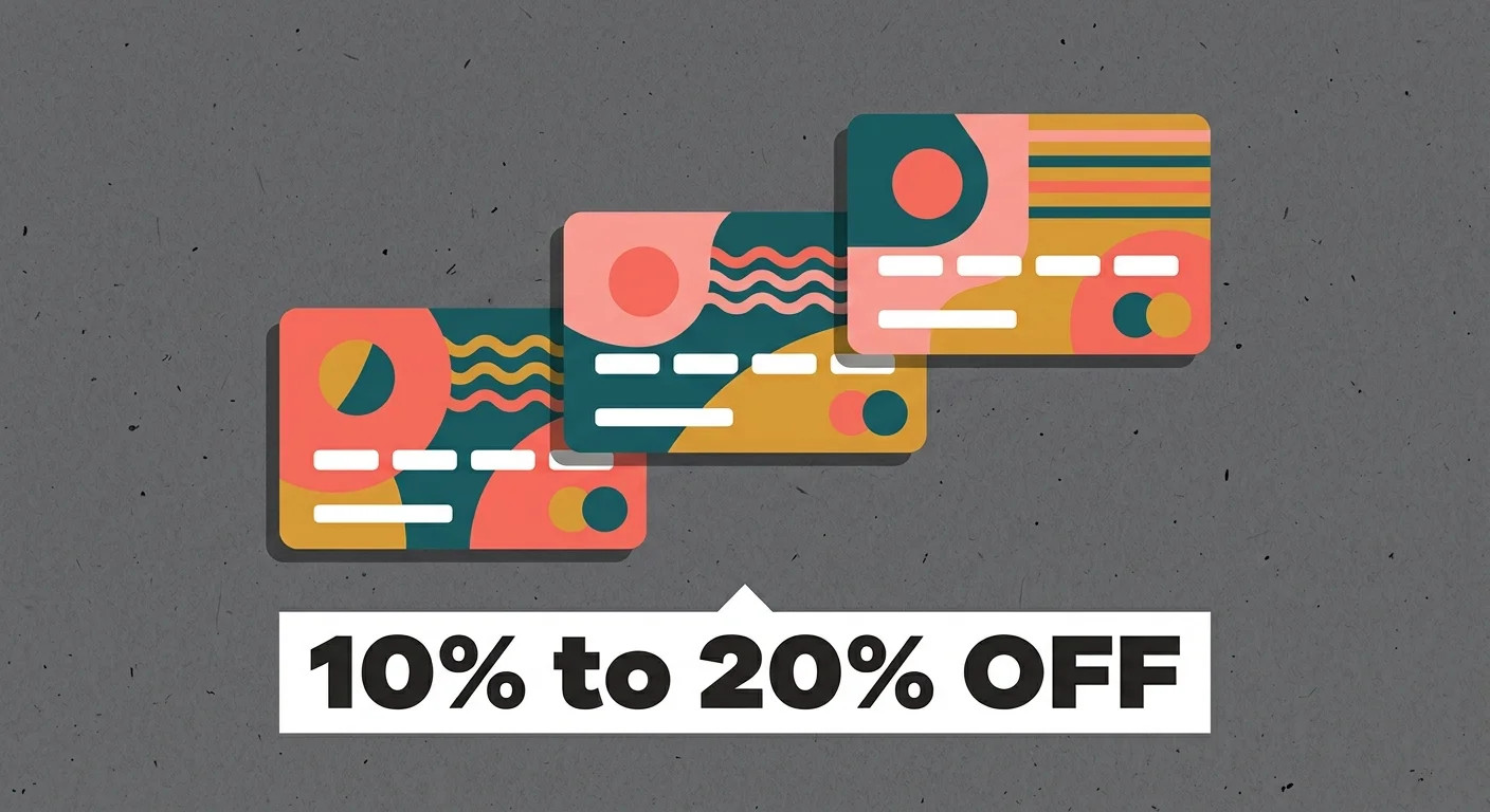 A graphic illustration of three colorful geometric gift cards stacked in a staircase pattern, labeled with '10% to 20% OFF' text.