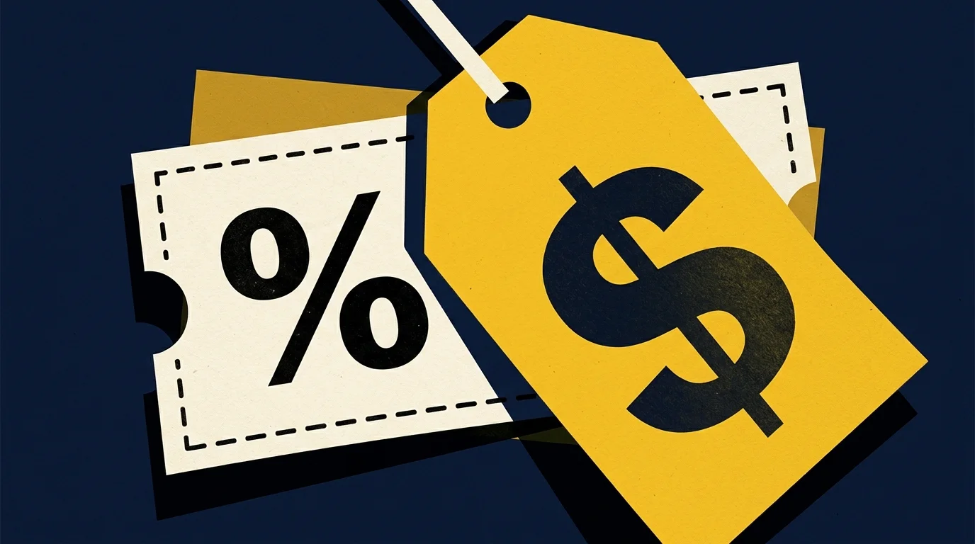 A graphic screenprint-style illustration of a yellow price tag overlapping a paper coupon, symbolizing stacked savings.