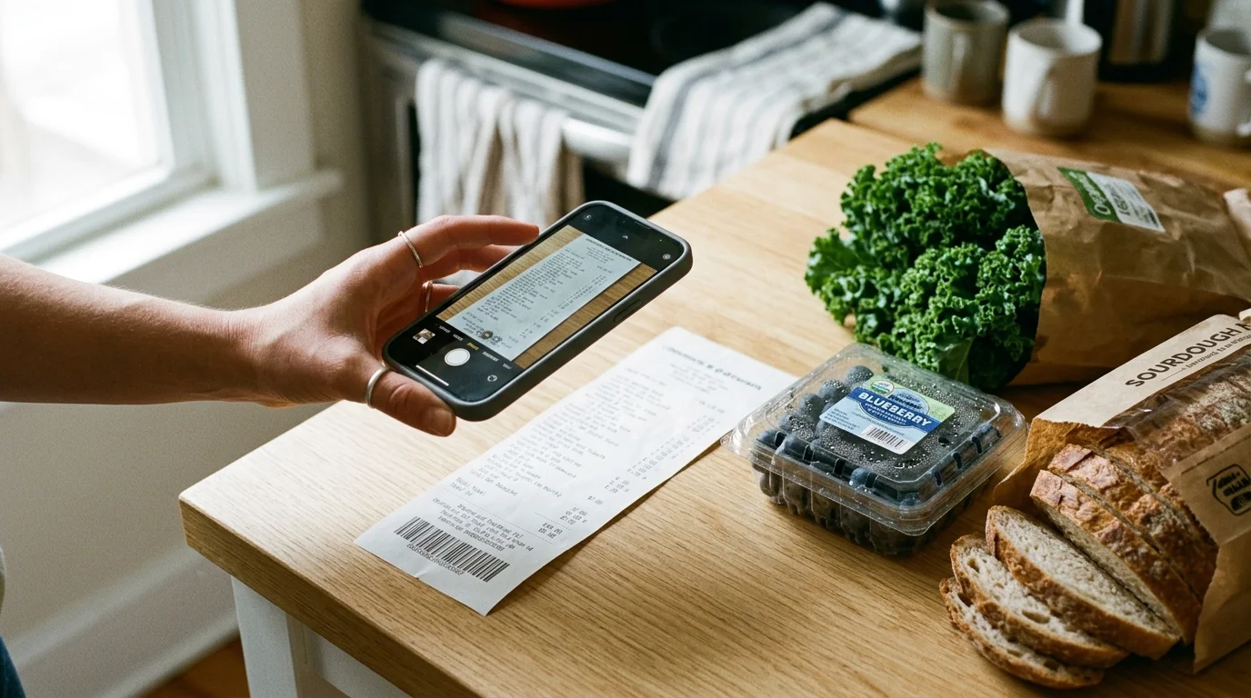 A hand holding a smartphone to scan a long grocery receipt on a kitchen counter next to fresh blueberries and bread.