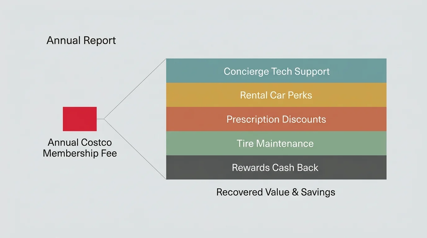 A horizontal comparison diagram showing a small block for the membership fee flowing into a much larger stack of various membership savings.