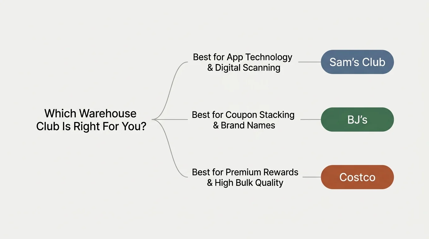 A horizontal decision-tree flowchart helping shoppers choose between Costco, Sam's Club, and BJ's based on their shopping preferences.