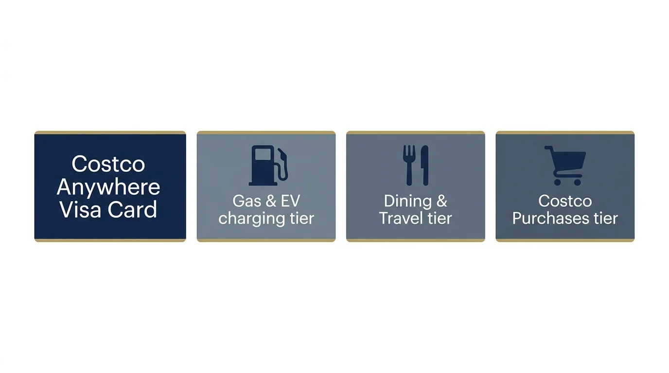A horizontal diagram showing cash back categories for gas, dining, and warehouse purchases in a modern navy and gold style.