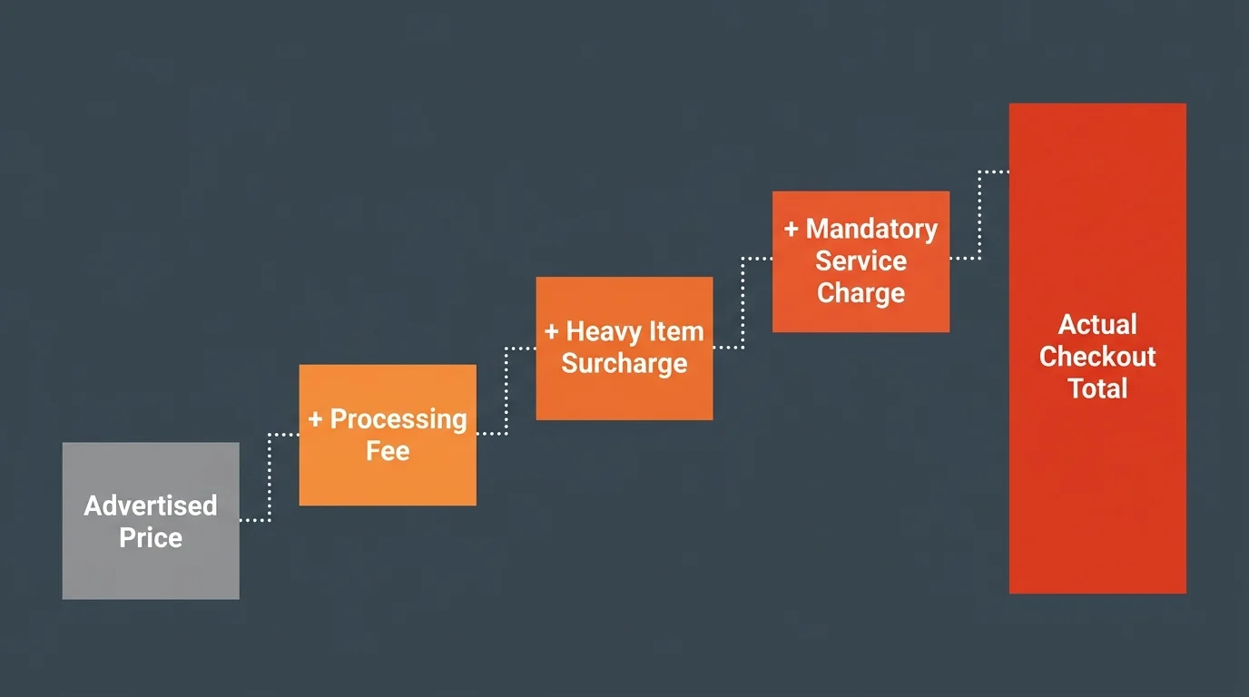 A horizontal flow diagram showing an advertised price stepping upward as fees are added to reach an inflated checkout total.