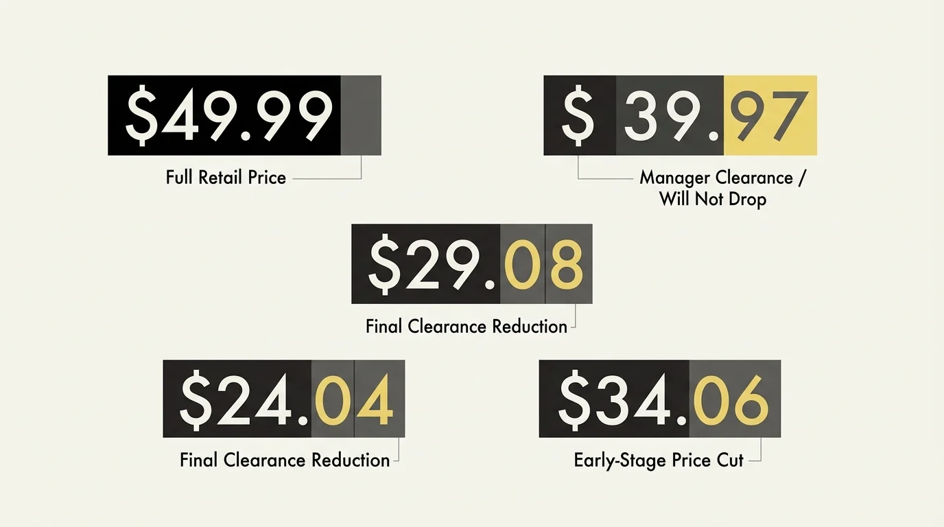A horizontal infographic diagram illustrating different price tag decimal endings like .99, .97, .08, .04, and .06 with explanatory text.