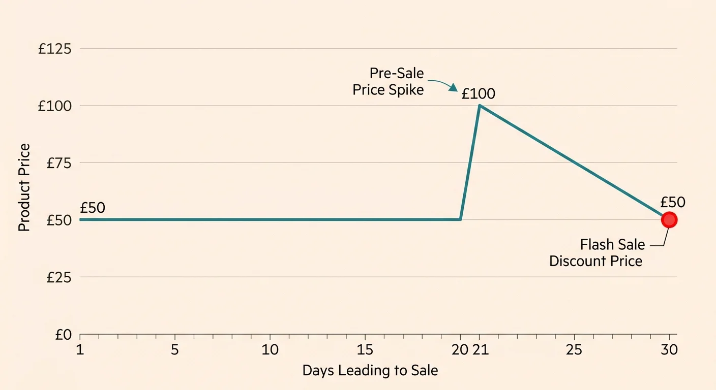 A line graph showing a product price spike upward right before a sale, then drop back to its original baseline as a discount.
