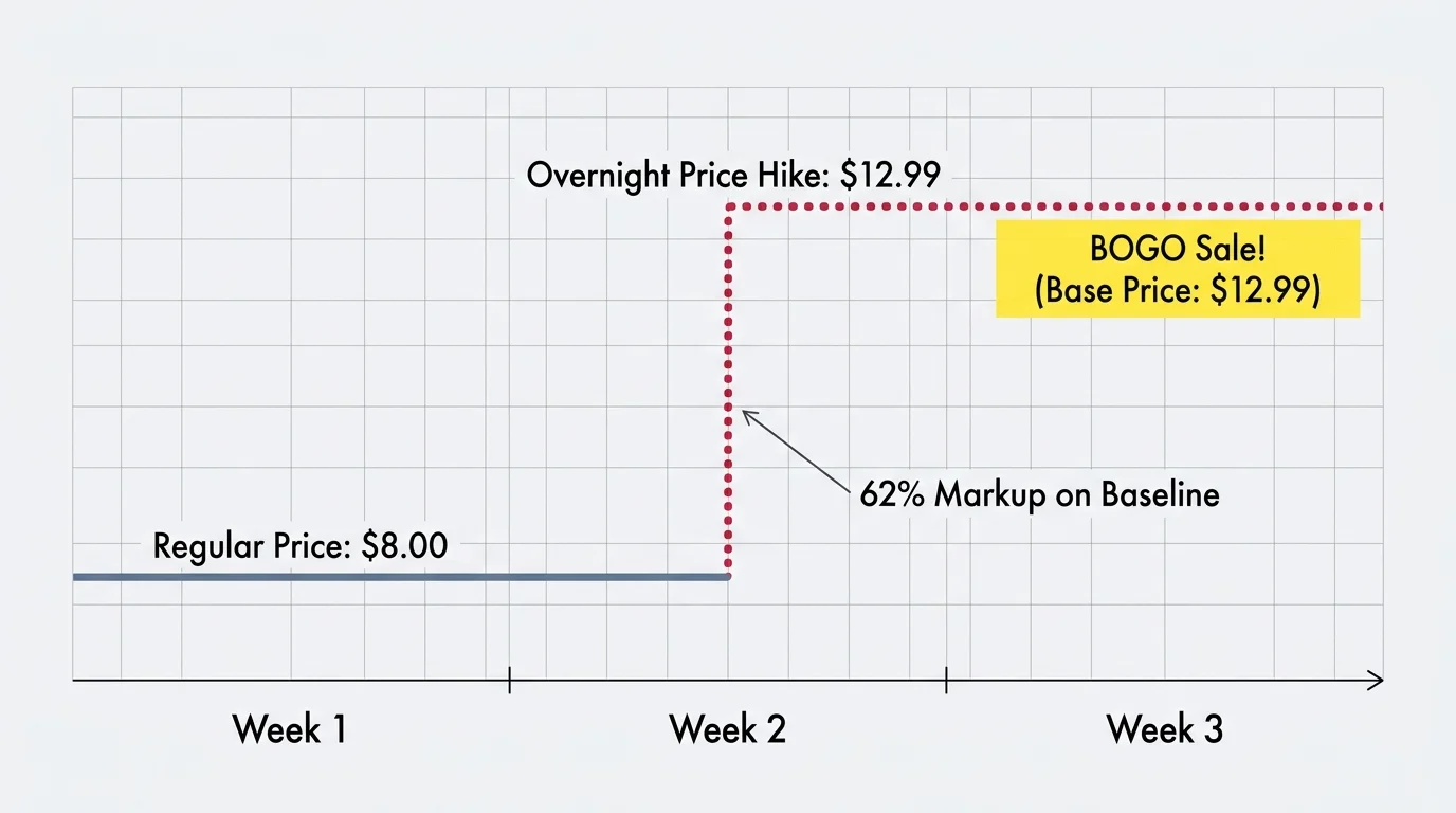 A line graph showing a product's price spiking from $8.00 to $12.99 right before a BOGO sale, demonstrating a 62% overnight markup.