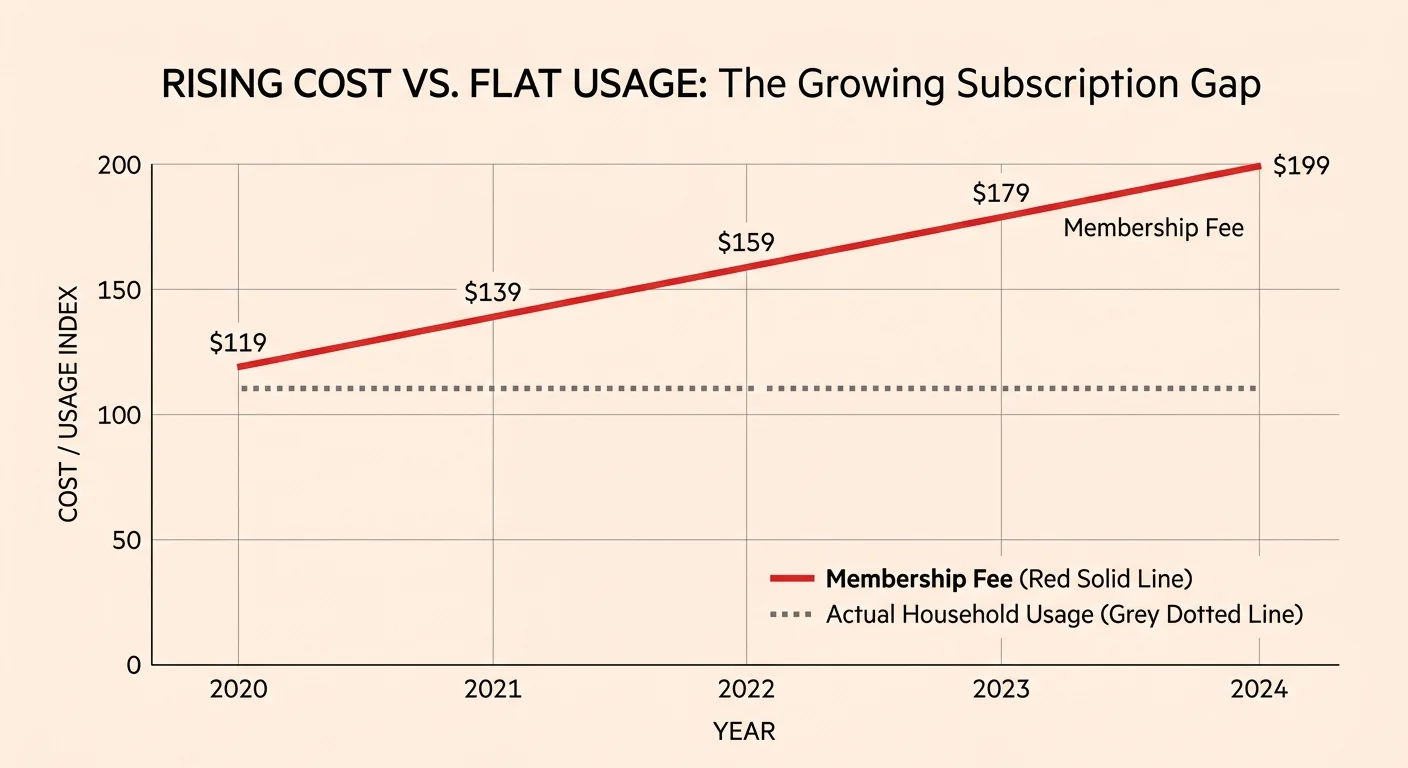A line graph showing a steeply rising membership fee line alongside a flat line representing low household usage.