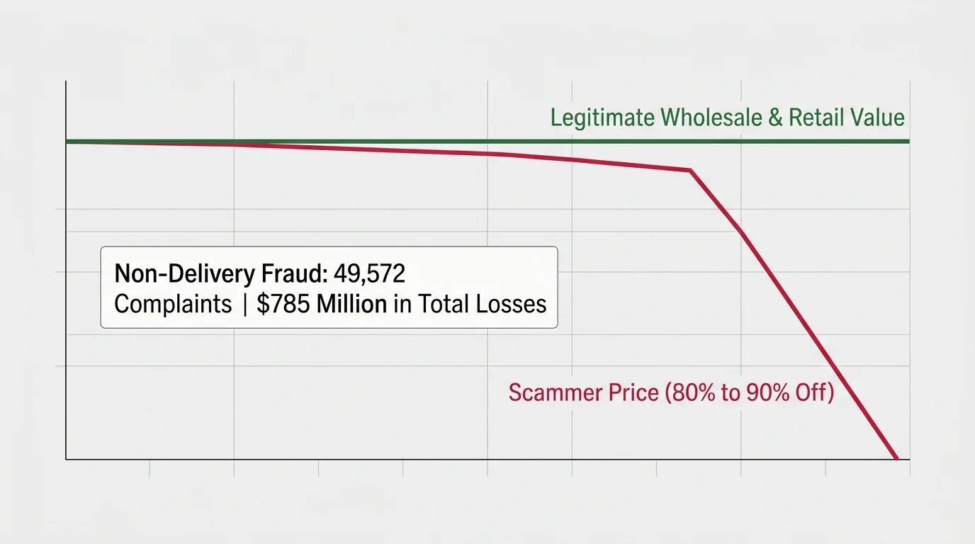 A line graph showing scam prices plunging 80% to 90% below wholesale value, with a callout on non-delivery fraud losses.