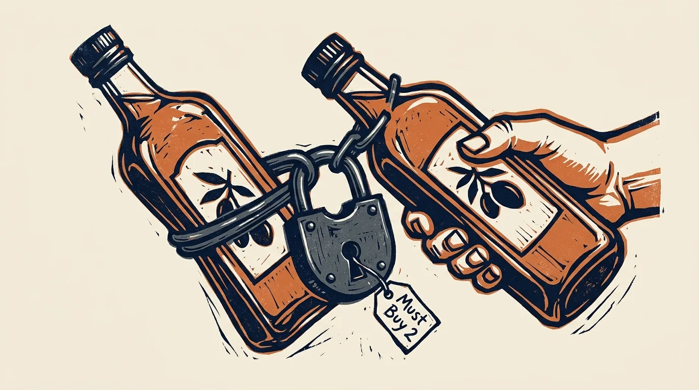 A linocut illustration of two olive oil bottles locked together by a heavy padlock labeled 'Must Buy 2' to show retail volume lock-in.