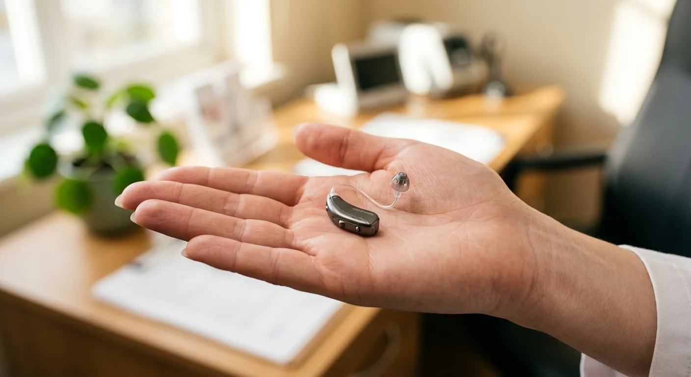 A macro photograph of a sleek, modern hearing aid resting on an audiologist's open palm in a brightly lit, soft-focus clinic.