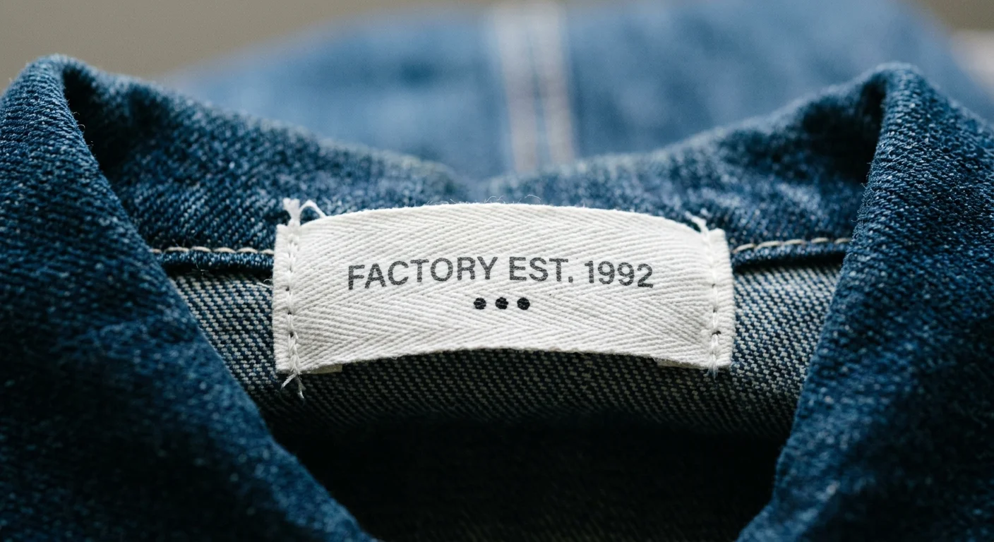 A macro photograph of a white clothing label showing three small embroidered dots beneath the brand name, signaling a factory outlet item.