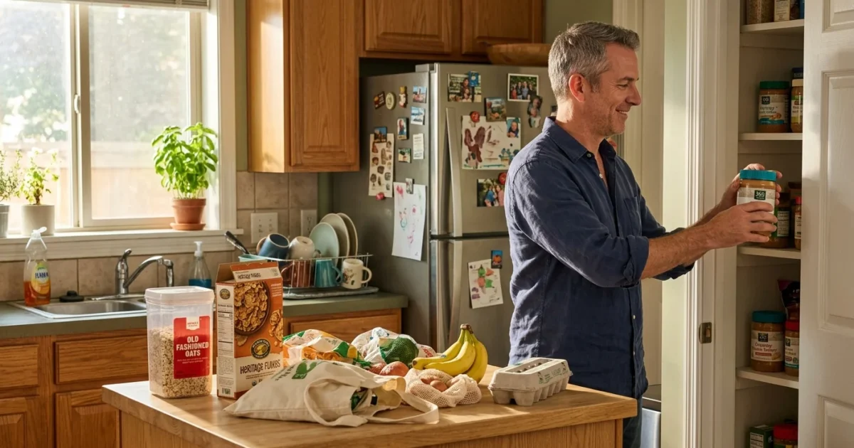 A man organizing store-brand and name-brand groceries in his sunlit home kitchen, showing a realistic household budget-friendly scene.