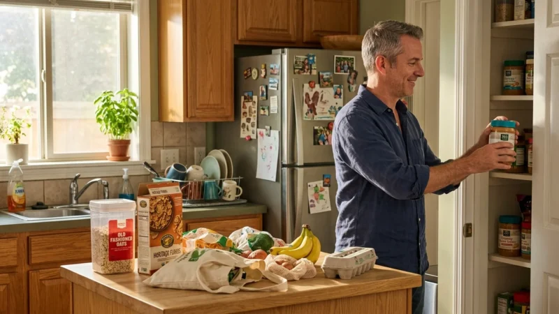 A man organizing store-brand and name-brand groceries in his sunlit home kitchen, showing a realistic household budget-friendly scene.
