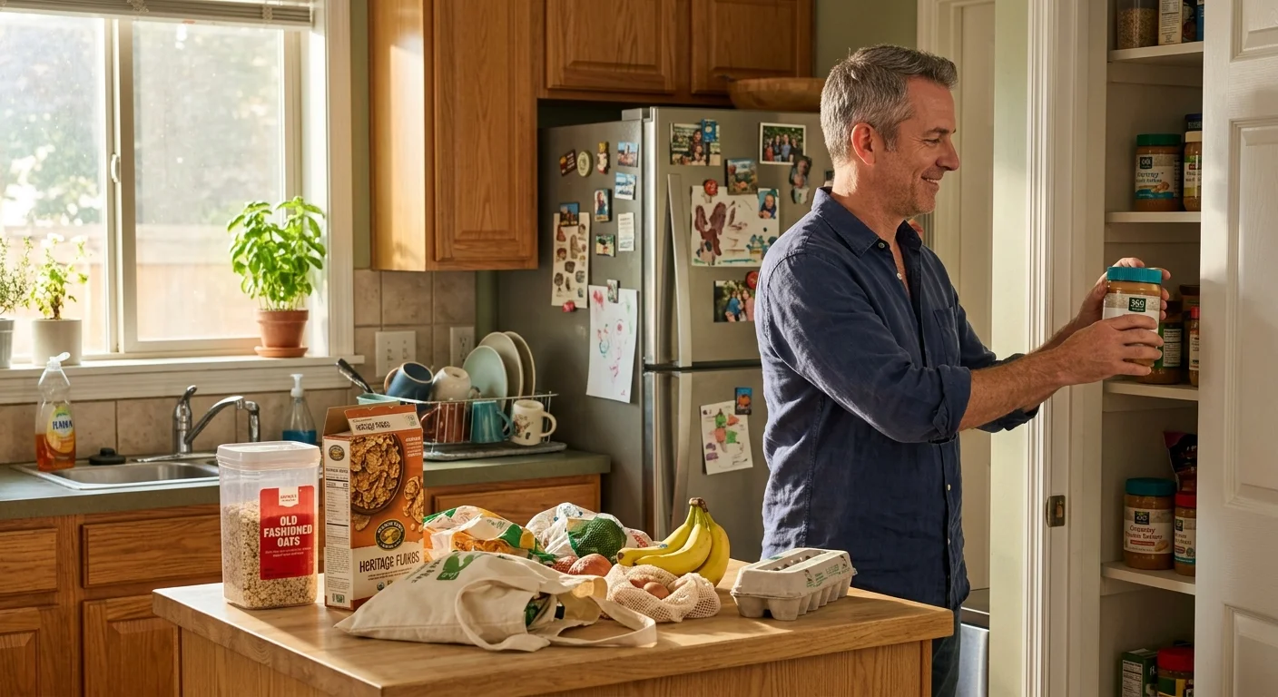A man organizing store-brand and name-brand groceries in his sunlit home kitchen, showing a realistic household budget-friendly scene.