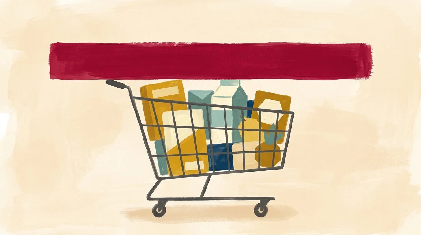 A mid-century gouache illustration of a shopping cart blocked by a solid red ceiling representing a spending limit.