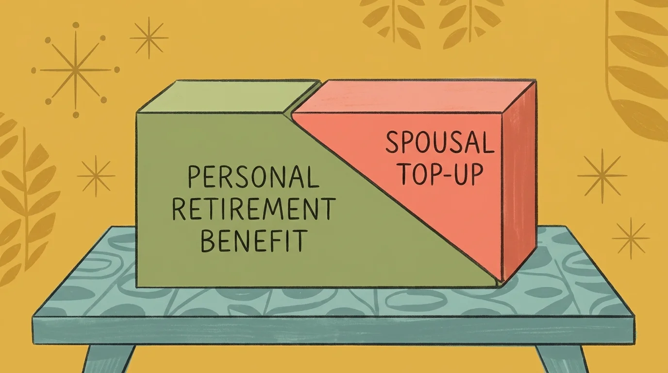 A mid-century gouache illustration of two interlocking blocks labeled Personal Benefit and Spousal Top-Up.