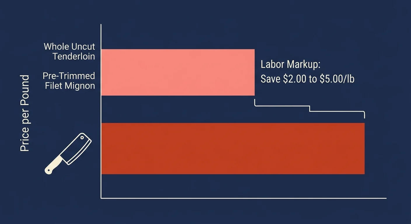 A minimalist bar chart comparing the lower price of uncut tenderloin to the high cost of pre-trimmed filet mignon.