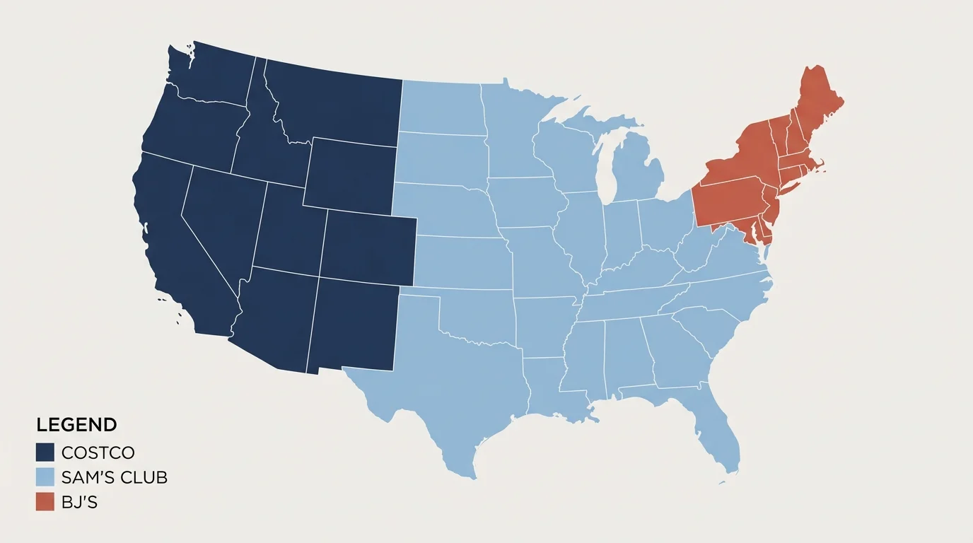 A minimalist, color-coded map of the United States showing the dominant regional footprints of major warehouse clubs.