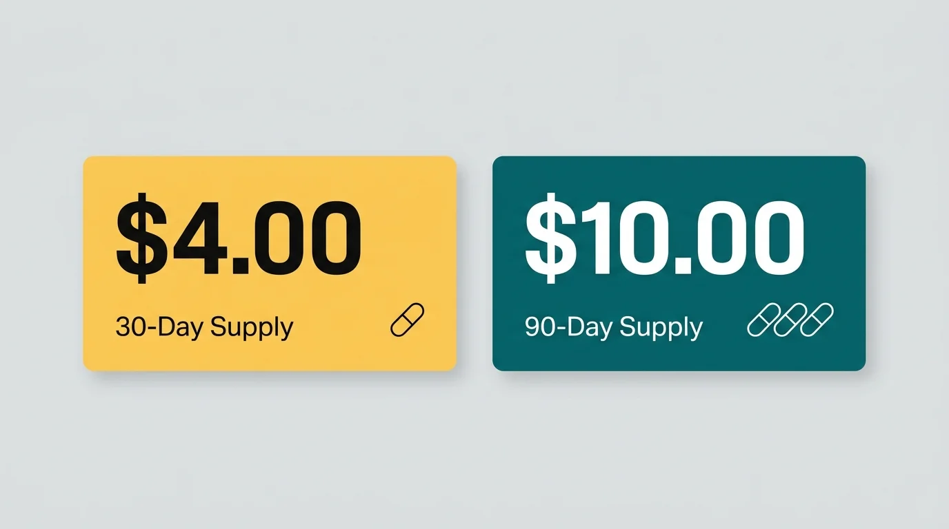 A minimalist diagram showing $4.00 for a 30-day supply and $10.00 for a 90-day supply of generic drugs.