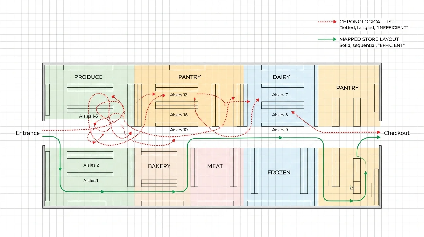 A minimalist diagram showing a grocery store floor plan with a chaotic chronological path versus an efficient mapped route.