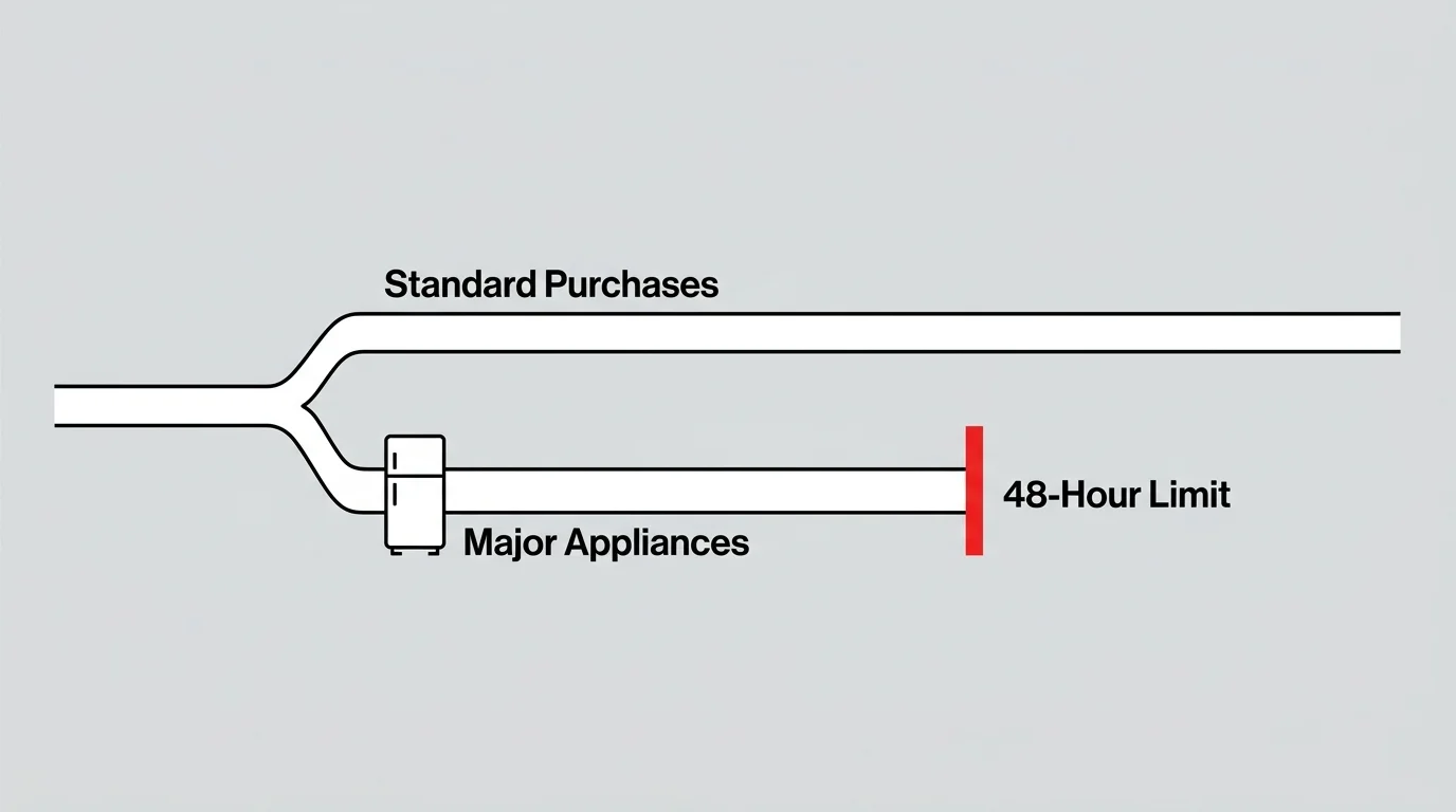 A minimalist diagram showing a normal return timeline contrasted with a sharp 48-hour limit for major appliances.