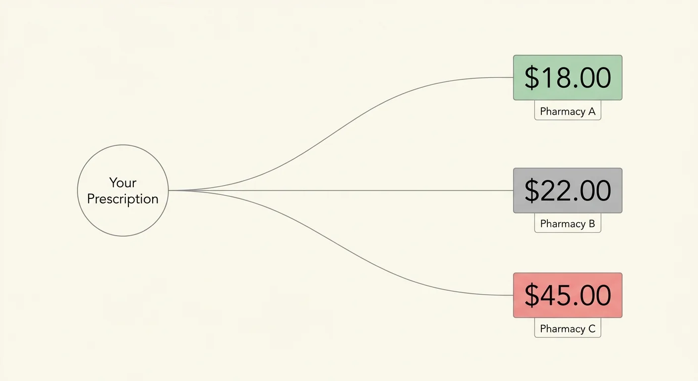 A minimalist flowchart showing a prescription branching out into three different cash prices at different pharmacies.