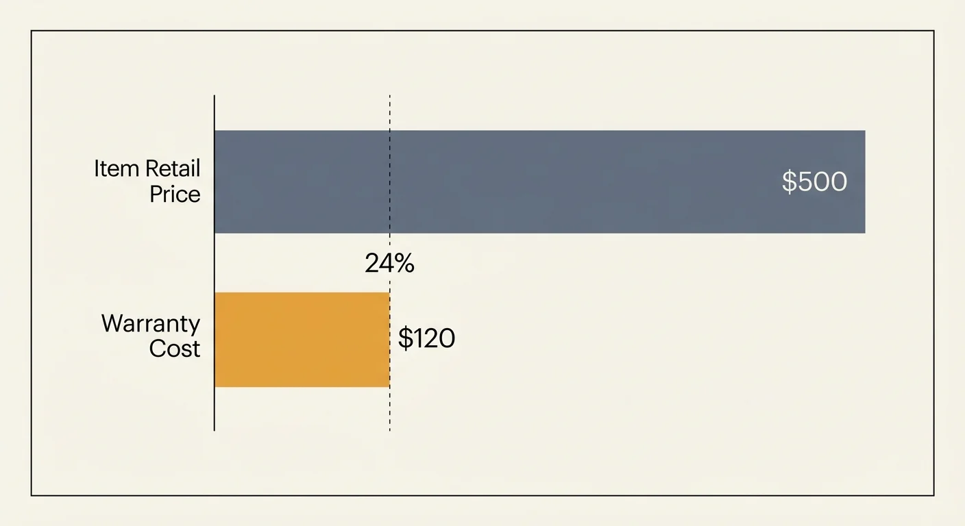 A minimalist horizontal bar chart comparing a $500 item price with a $120 warranty cost, highlighting the 24% premium.