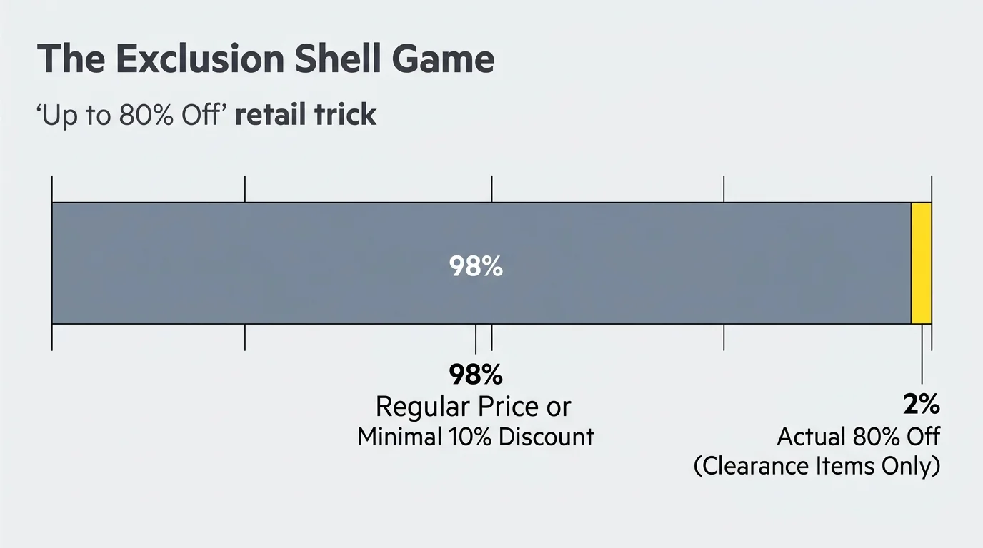 A minimalist horizontal bar chart showing that only two percent of store items actually qualify for the advertised 80 percent discount.