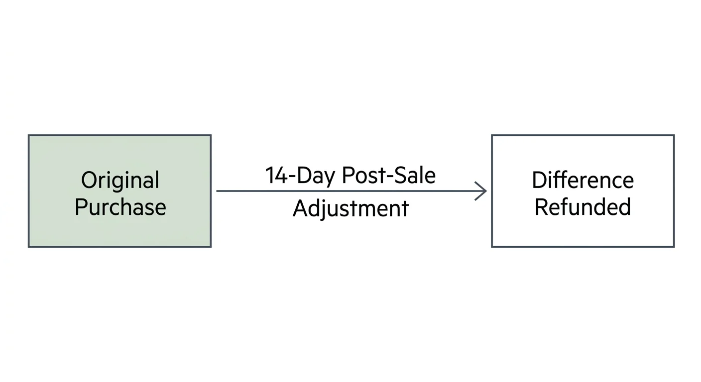 A minimalist horizontal flowchart showing an Original Purchase leading to a Difference Refunded via a 14-Day Post-Sale Adjustment.