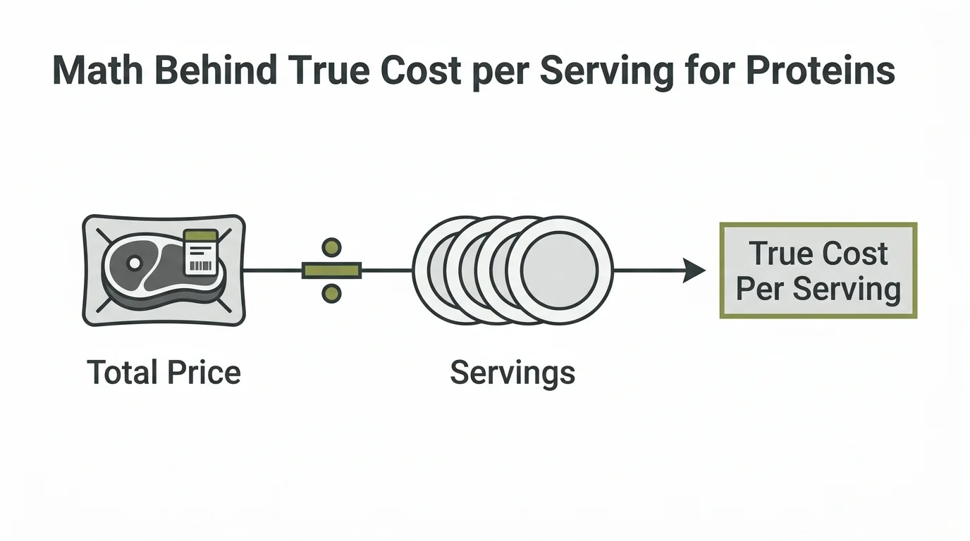 A minimalist horizontal flowchart showing the mathematical formula to calculate the cost per serving of meat.