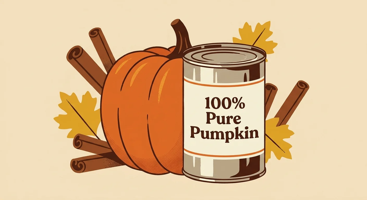 A minimalist screenprint illustration of an orange pumpkin morphing into a can of pumpkin puree, surrounded by autumn leaves.
