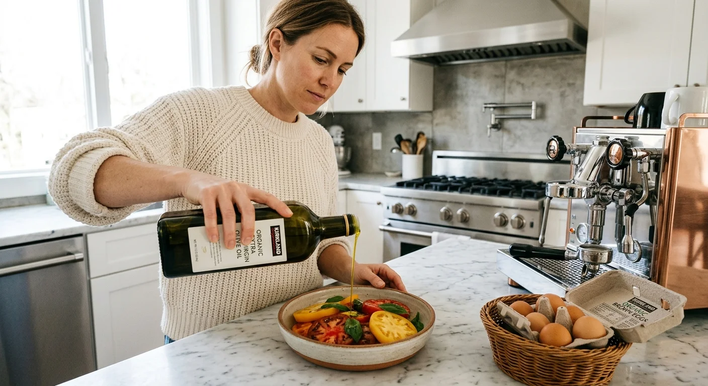 A modern kitchen with marble countertops featuring a bottle of store-brand organic olive oil being poured over fresh tomatoes.