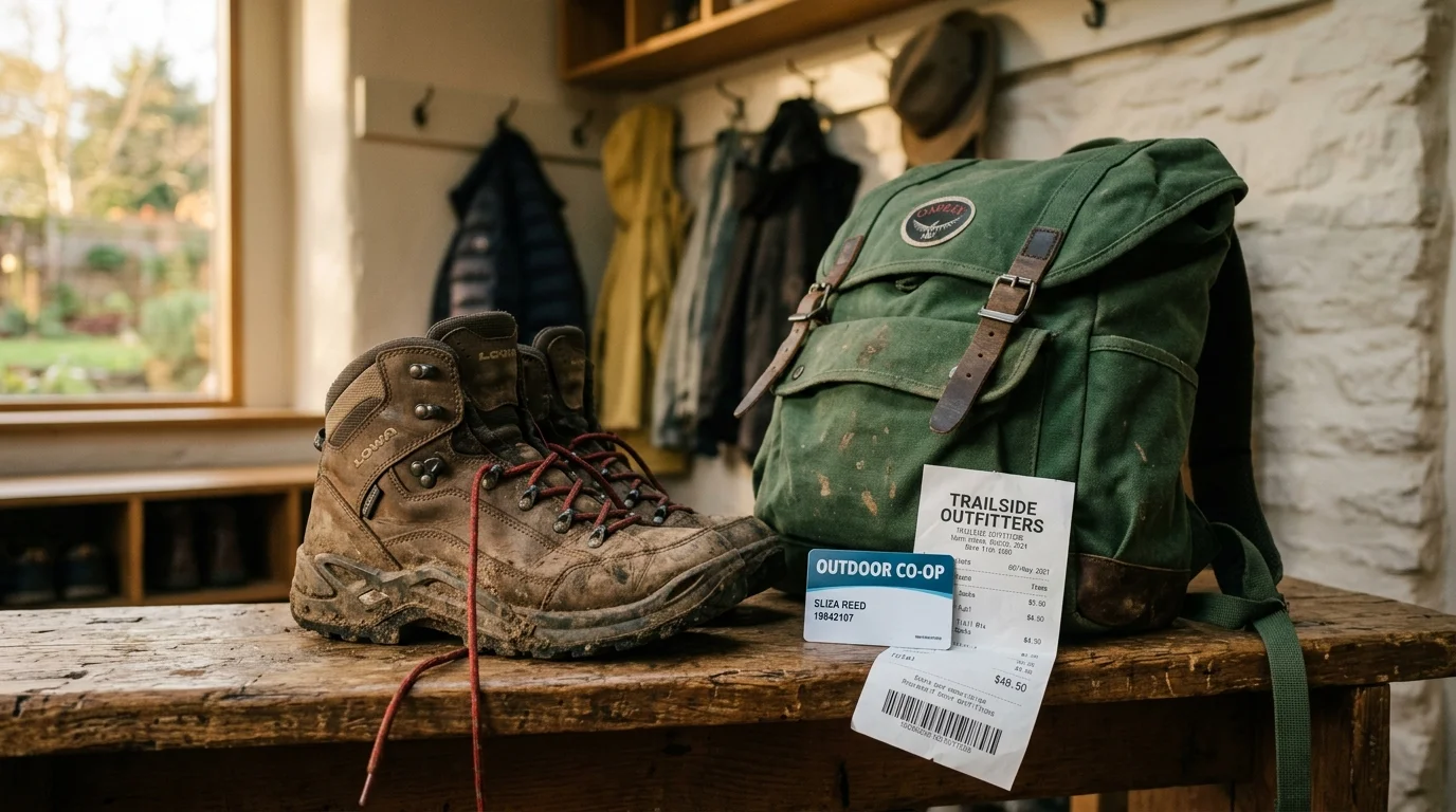 A muddy hiking boot and backpack rest on a wooden bench next to a membership card and a paper receipt.