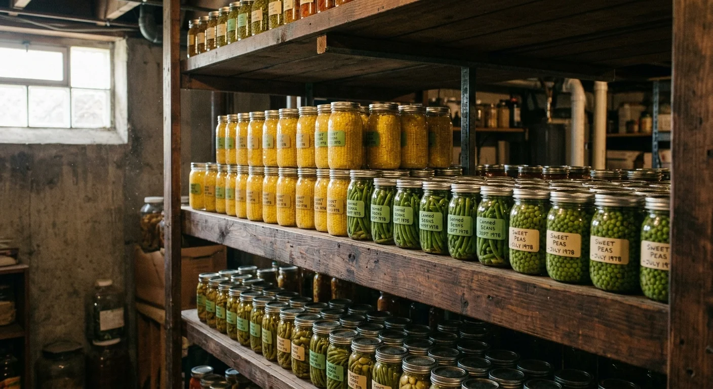 A nostalgic 35mm film photo of canned vegetables stacked on wooden basement shelves, illuminated by soft window sunlight.