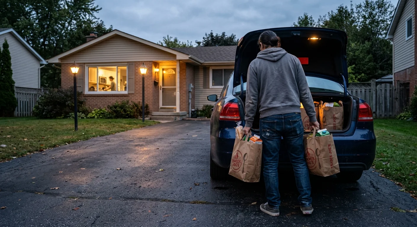 A person in casual clothes unloads brown paper grocery bags from a car trunk in a driveway at twilight.