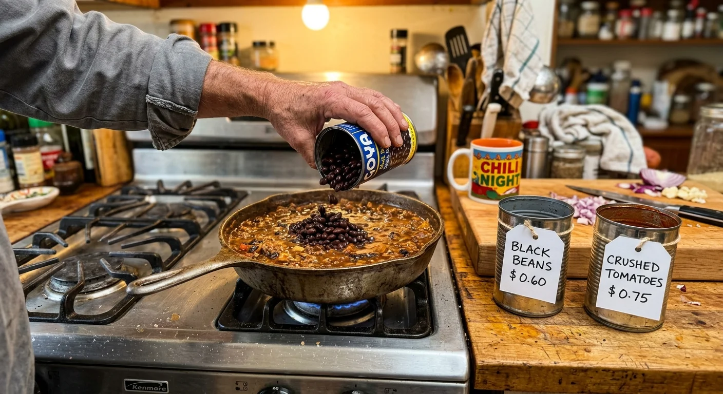 A person pouring a can of black beans into a simmering skillet in a cozy kitchen, next to empty cans labeled with low price tags.
