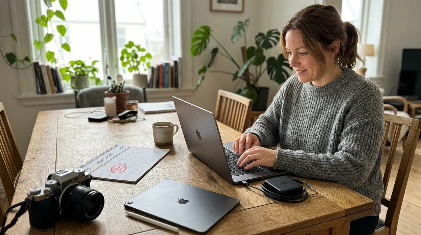 A person setting up a laptop at a wooden table with a calendar nearby showing the number 90 circled in red ink.