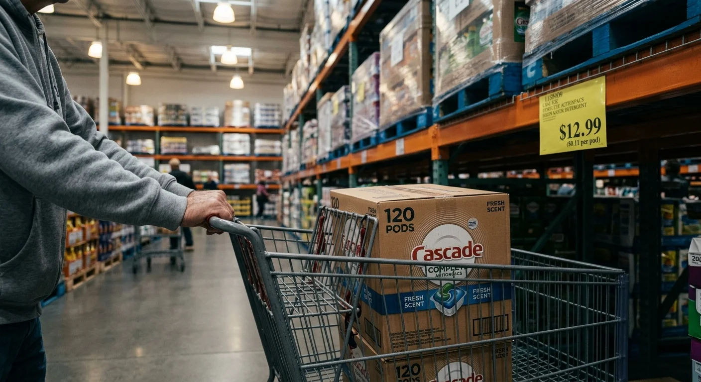 A photo of a shopper in a warehouse store aisle with a bulk box of dishwasher pods in their cart, showing a low unit price on the shelf.